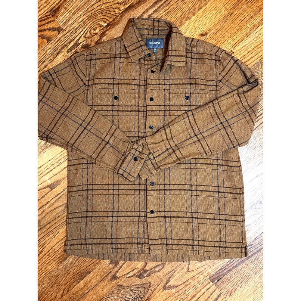 Bonobos Mens Plaid Herringbone Flannel‎ Shirt Jacket Brown Cotton 21954-BR539 M